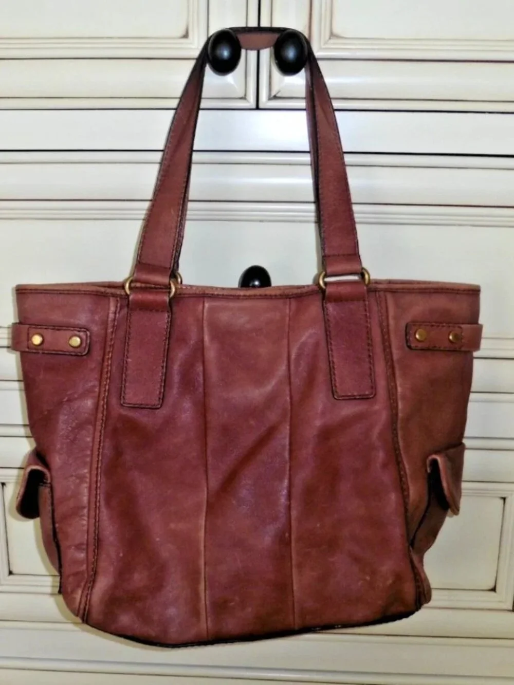 Fossil Large Long Live Vintage Brown Distressed Rustic Worn Leather Bag Purse